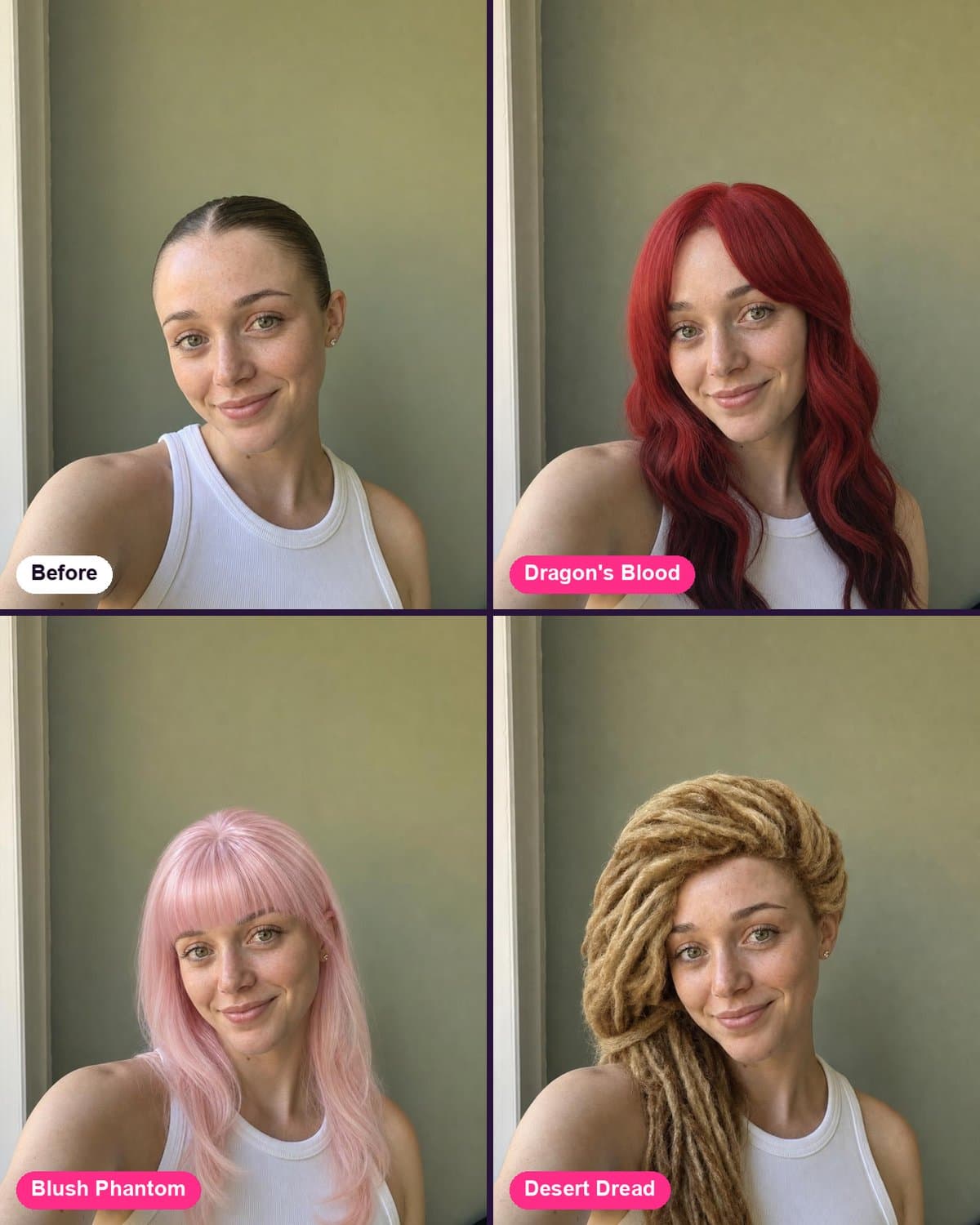 Virtual try-on — one selfie shown before, then wearing Dragon's Blood, Blush Phantom and Desert Dread wigs